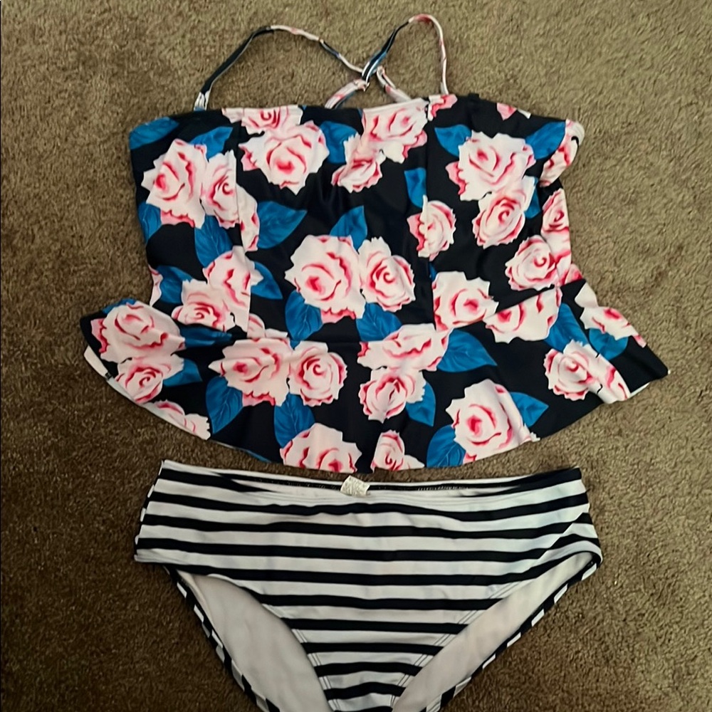 Floral Peplum Tankini Top and Striped Bottom